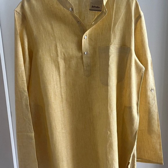 NWT FABINDIA Men 100% Linen Woven Nehru Kurta Mustard Yellow Festive Large Sz 40 - Picture 12 of 16